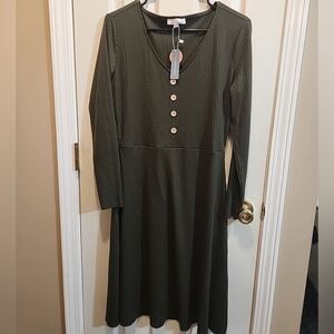 Baileys Blossoms Olive Green Ribbed Long Sleeve Dress M